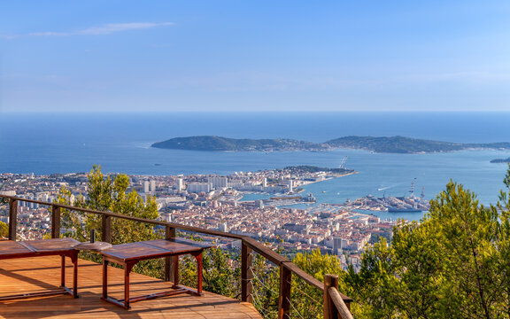 View of Toulon city and coastline from observation deck on the Faron mountain. Toulon, France.