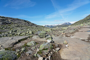 Mountain tundra landscape in Norway, Hiking tourist rout to Trolltunga rock