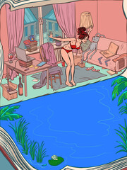 Fototapeta premium Young woman bathing at home in the pool. Home quarantine and sea holidays