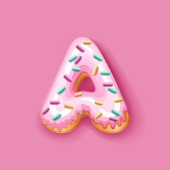 Donut icing pink upper latters - A Font of donuts. Bakery sweet alphabet. Donut alphabet latter A isolated on pink background, vector illustration.