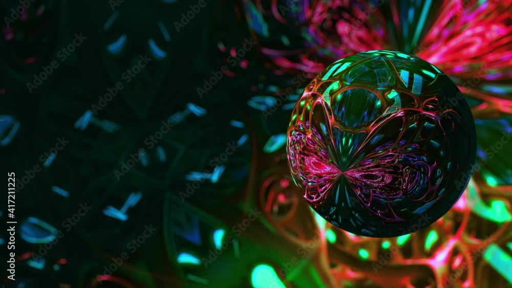 Poster abstract glowing pink dark green neon light sphere loop rotating in virtual space with blank space f