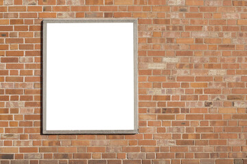 Brick wall with window, white frame with space for text, stonewall with bricks, white window and street