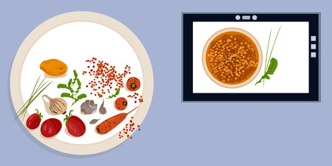 A set of ingredients for making vegetarian soup and a device depicting a plate of soup. Space for text.
