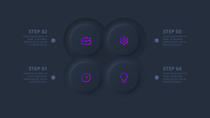 Dark neumorphic circles for infographic. Template for diagram, graph, presentation and chart. Skeuomorph concept with 4 options, parts, steps or processes