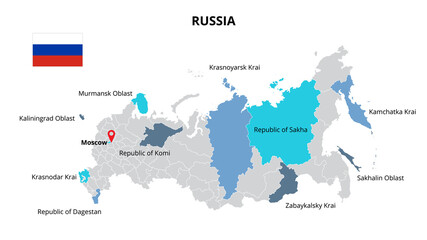 Russia vector map infographic template divided by states, regions or provinces. Slide presentation