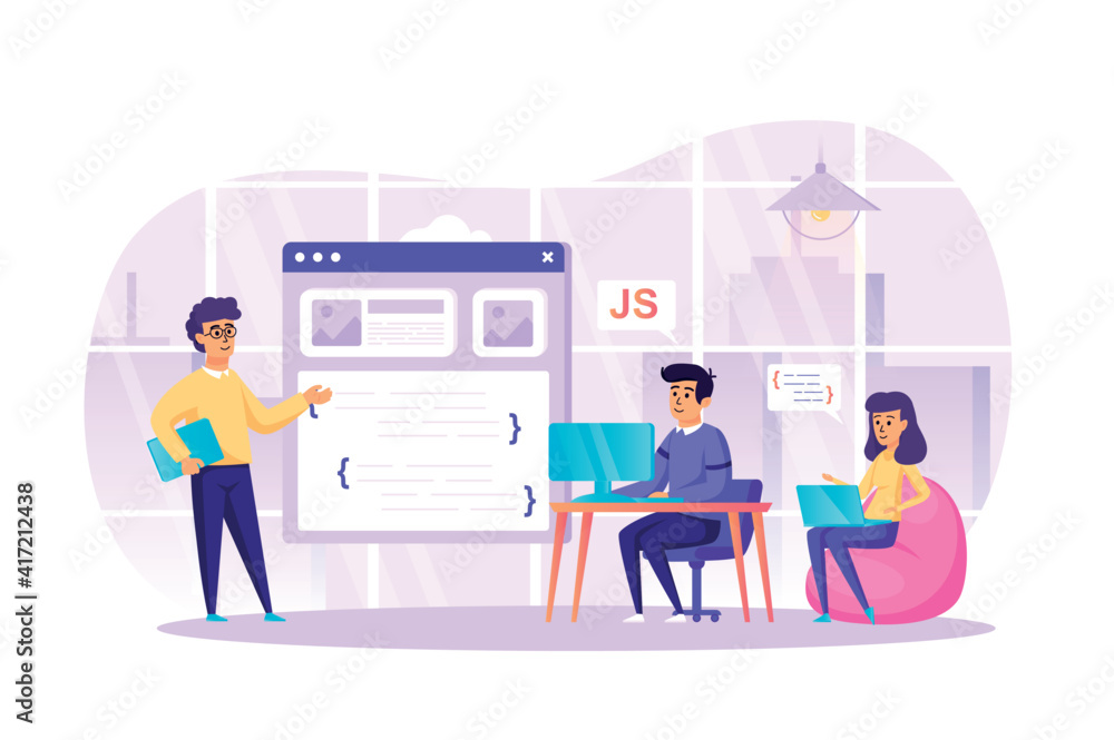 Poster Developing programming software at office scene. Developers programming, programmers coding, working on laptops. Teamwork on project concept. Vector illustration of people characters in flat design