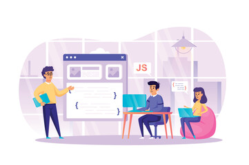 Naklejka na ściany i meble Developing programming software at office scene. Developers programming, programmers coding, working on laptops. Teamwork on project concept. Vector illustration of people characters in flat design