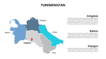 Turkmenistan vector map infographic template divided by states, regions or provinces. Slide presentation