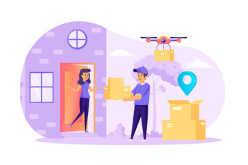 Courier delivering order to home scene. Quadcopter flying with parcel in cardboard package. Online shopping with fast delivery service concept. Vector illustration of people characters in flat design