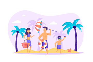 Obraz premium Family at beach scene. Father, mother and son having fun on sandy shore. Summer time vacation, tropical resort, parenting and childhood concept. Vector illustration of people characters in flat design