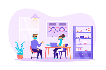 Patient consults with doctor in medical clinic scene. Therapist diagnoses man. Masked people in hospital. Prevention Covid-19 coronavirus concept. Vector illustration of characters in flat design