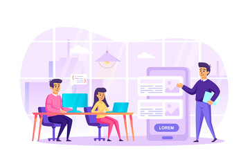 App development at office scene. Developers making mobile application, smartphone interface building process. Colleagues teamwork concept. Vector illustration of people characters in flat design