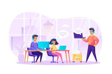 Customer support at office scene. Operators in headsets working at laptop, consulting clients. Call centre, hotline, phone assistants concept. Vector illustration of people characters in flat design