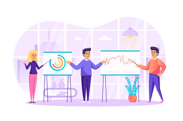 Big data analysis and Market research concept. Business analysts working on project, analyze statistic at charts graphics, teamwork at office. Vector illustration of people characters in flat design