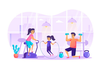 Sports family doing fitness in gym scene. Mom is on stationary bike, dad weightlifting, daughter is jumping rope. Healthy lifestyle concept. Vector illustration of people characters in flat design