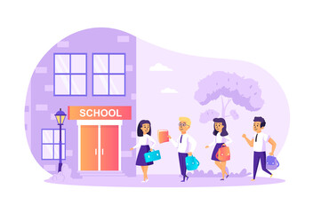 Children go to school scene. Group of pupils in uniform go to lessons. Schoolchildren hold backpacks. School education, primary student concept. Vector illustration of people characters in flat design