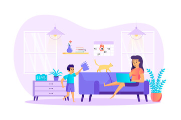 Remote work disadvantages scene. Mom works remotely on laptop, son distracts her. Stress at home office, deadline failure, work late concept. Vector illustration of people characters in flat design