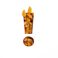 Exclamation mark of raisins, cut paper isolated on white. Typeface of dried grapes. Warning and...