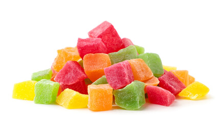 Heap of candied fruit pieces on a white background. Isolated