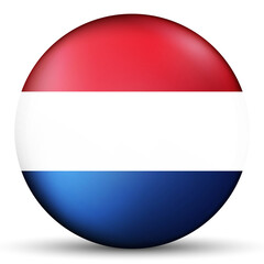 Glass light ball with flag of Netherlands. Round sphere, template icon. Dutch national symbol. Glossy realistic ball, 3D abstract vector illustration highlighted on a white background. Big bubble.