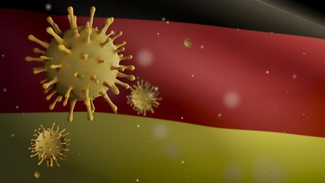 3D illustration German flag waving with Coronavirus outbreak infecting respiratory system as dangerous flu. Influenza Covid 19 virus with national Germany banner blowing background. Pandemic-Dan