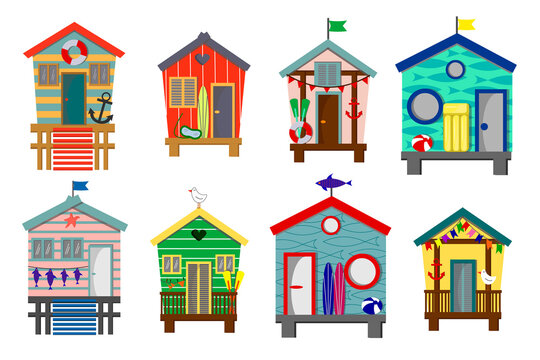 Set of beach houses with lifebuoy, surfboard and seagulls. Vector beach collection isolated on white background. Attributes for a beach holiday on the ocean. For use in decor, cards, flyers and