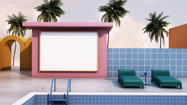 Building minimal design yellow curved wall,In the middle there is a swimming pool,Green beach seat,Mock up on pink wall,Blue tile wall,Concrete floor.-3D render