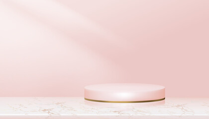 Minumal Podium display with Pink and Yellow gold Cylinder Stand on Rose gold foil marble,Vector Realistic 3D for Stage pedestal platform,Product presentation, Cosmetic product display or Spa Showcase