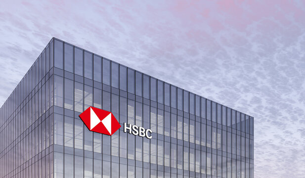 London, United Kingdom. February 19, 2021, Editorial Use Only, 3D CGI. HSBC Signage Logo on Top of Glass Building. Workplace Financial Company in High-rise Office Headquarter