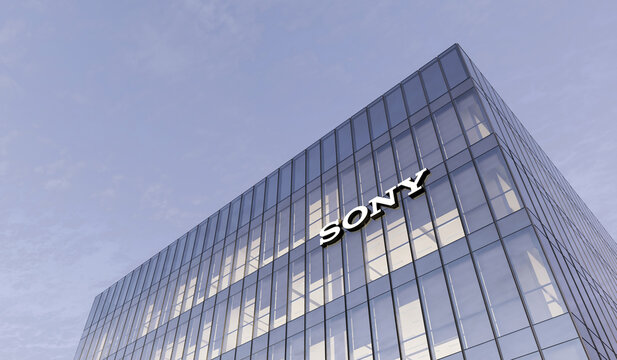 Minato City, Tokyo, Japan. Editorial Use Only, 3D CGI. Sony Corporation Holding Signage Logo on Top of Glass Building. Workplace of Technological Company Office Headquarter.