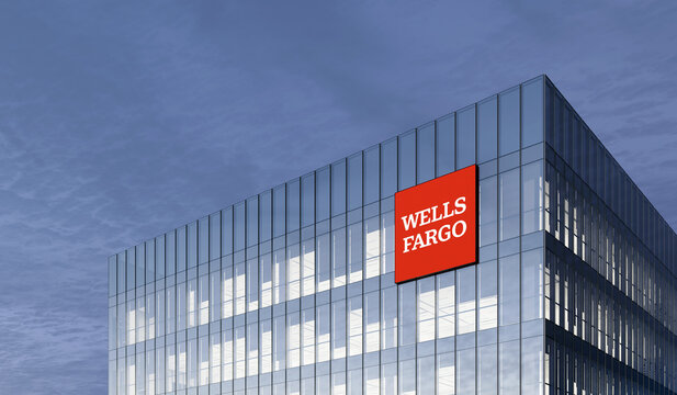 San Francisco, CA. February 27, 2021. Editorial Use Only, 3D CGI. Wells Fargo Signage Logo on Top of Glass Building. Workplace Financial Service Retail Banking Company in High-rise Office Headquarter.