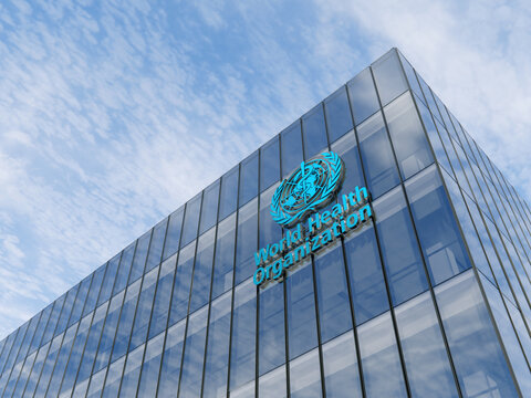 June 15, 2020. Editorial Use Only, 3D CGI. World Health Organization Signage Logo on Top of Glass Building. Workplace in High-rise Office Headquarter at Day Time.