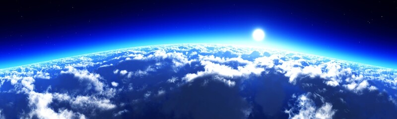 Clouds from low orbit, earth from orbit at sunrise, panorama of clouds at sunset, 3d rendering