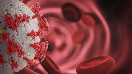 Coronavirus and red blood cells as 3d illustration