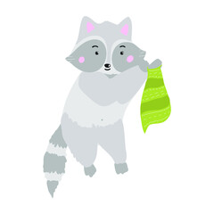 a cartoon raccoon of gray color that weighs on a twig. Cute raccoon for kids.