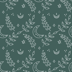 Esoteric signs and symbols. Vector seamless pattern. Branch and crescent