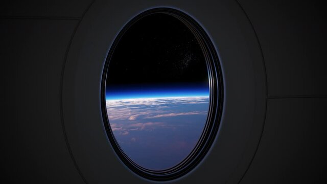 View Of Planet Earth From The Porthole Of A Private Spacecraft That Takes Off Into Space. 4K. 3D Animation. UHD. 3840x2160.