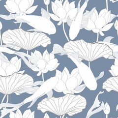 Koi carp fish and Japanese chrisantemum seamless pattern, japanese pattern. Blue line background.