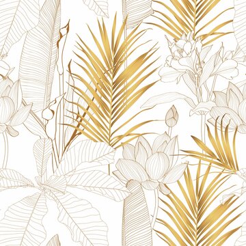 Tropical exotic floral line golden  palm leaves and flowers seamless pattern, line background. Exotic jungle wallpaper.	