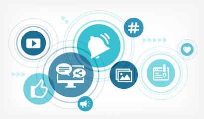 Social media management vector illustration. Concept with connected icons related to social media, social network, marketing, branding and audience communication strategy.