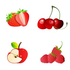 Strawberry, Cherry, Apple, Raspberry.Set of Whole and Slice Fruit For Menu, Advertising, Website