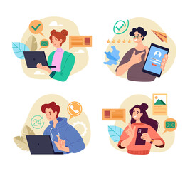 People students workers characters using phone laptop device concept isolated set. Vector graphic design flat simple modern illustration