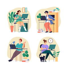 People workers students characters working studing home. Home office freelance concept. Vector graphic design flat simple modern illustration