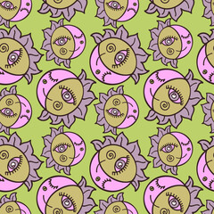 Vector colorful seamless pattern of lined abstract sun shapes with eyes in green and pink