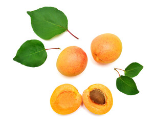 Apricot fruit whole and half with leaf isolated on white background. Flat lay, top view