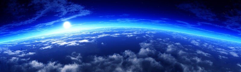 Naklejka na ściany i meble Clouds from low orbit, earth from orbit at sunrise, panorama of clouds at sunset, 3d rendering