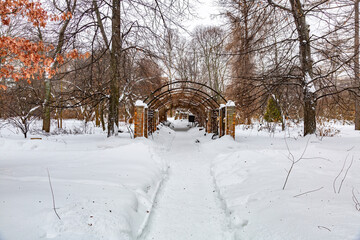 Snowbound garden house with wild grapes in a city park
