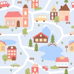  Cute city houses seamless pattern, cartoon funny map cityscape with small buildings © Natalia
