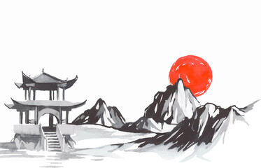 Japan traditional sumi-e painting. Fuji mountain, sakura, sunset. Japan sun. Indian ink vector illustration. Japanese picture.