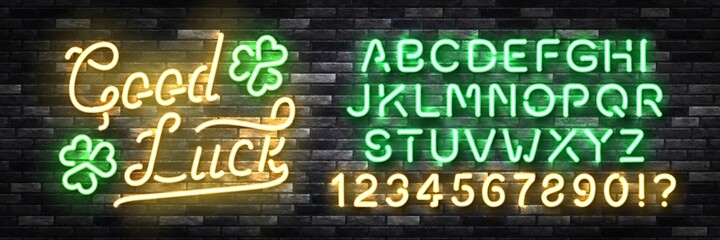 Vector realistic isolated neon sign of Good Luck typography logo with easy to change color font alphabet on the wall background.